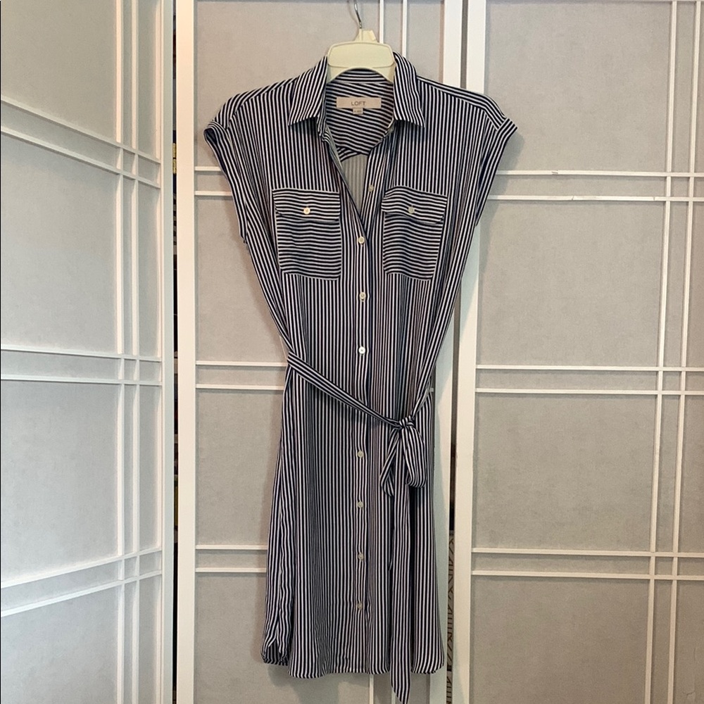 Loft Striped Navy and  White Shirt Dress XS